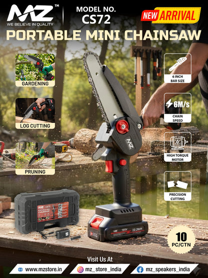 MZ CS72 Portable Mini Chainsaw – 6-Inch Cordless Electric Pruning Saw with High-Torque Motor